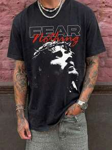 Soft And Comfortable Korean Style T-Shirt, Summer Casual Wear, Urban Casual Style With Religious Tattoo "Fear Nothing" Graphic Print Of Jesus Christ Slogan In Black, 100% Breathable Cotton - 黑色 - 查看 3