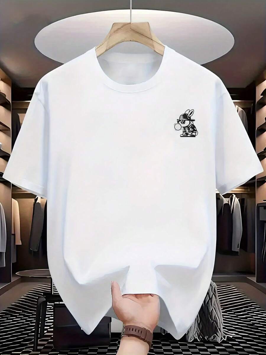 Camiseta Casual de Manga Corta para Hombre - Camiseta de verano suave y transpirable con estampado de conejito y letras, corte estándar para uso diario, prenda versátil, diseño divertido, tela cómoda. - Blanco - Ver 1