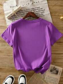 Women's Graphic Tee With Teddy Bear Print, Perfect For Casual Wear, Day Or Night, Spring Or Summer. Comfortable, Soft Material, Round Neck, Short Sleeves. - Purple - View 3