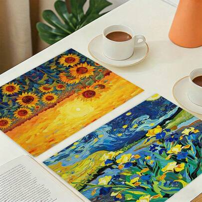 A Complete Set Of Daily Home Placemats With Oil Paintings, Sunflower, And Iris Patterns, Suitable For Spring, Summer, Autumn, And Winter. It Adopts A Multi-Color Pattern Design And Is Woven From 100% Polyester Fiber. The Size Is 12 * 18 Inches And Can Be Machine Washed With Polyester Placemats. Heat Resistant, Stain Resistant, Waterproof, Easy To Clean, Suitable For Dining Tables, Holiday Party Decorations, Desktop Protection, Kitchen And Living Room Decorations, And Daily Use.