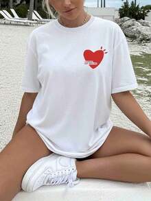 Women's 2026 Double-Sided Graphic T-Shirt, Spring/Summer, Casual Style, Minimalist Style, Heart Print And "L'AMOUR EST DÉCLARÉ" Text, Round Neck, Short Sleeve, Loose Fit, Oversized T-Shirt, 100% Cotton ChuK - 白色 - 查看 2