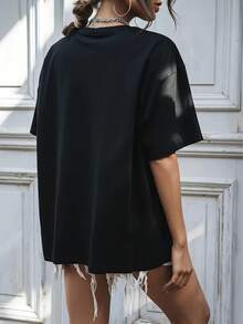 Women's Short-Sleeved T-Shirt With A Round Neck And Floral Print - Casual Blouse For Spring And Summer Outfits, Comfortable And Machine Washable Casual Wear, Versatile Pieces To Mix And Match. Loose-Fitting, Casual, And Versatile T-Shirt. One Piece Only, Not A 3-Piece Set. - 黑色 - 查看 7