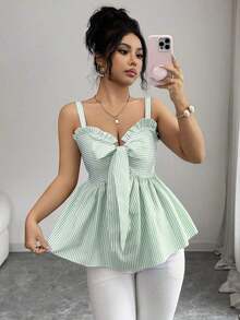 Nueva camiseta informal de primavera/verano para mujer, diseño de moda con tirantes de lazo, acento de lazo, a rayas azul y blanco, que ciñe la cintura, sexy y favorecedora, versátil para uso diario y citas - Verde - Ver 8