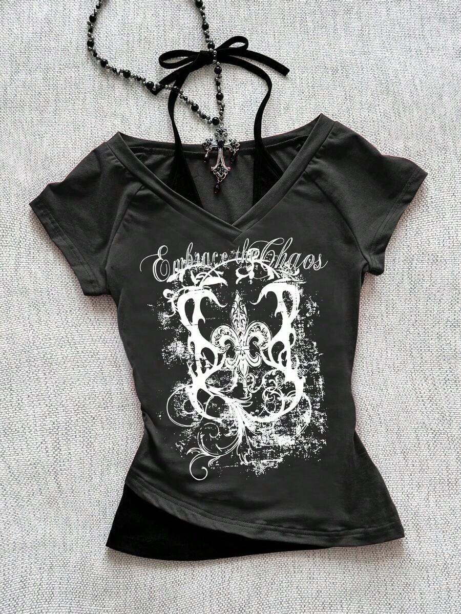 Camiseta de mujer casual de cuello en V retro, con atar, de manga corta y contraste de color, adecuada para el verano - Gris Oscuro - Ver 1