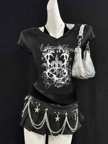 Camiseta de mujer casual de cuello en V retro, con atar, de manga corta y contraste de color, adecuada para el verano - Gris Oscuro - Ver 3