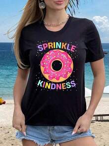 Camiseta de manga corta con estampado gráfico para mujer, diseño de donut SPRINKLE KINDNESS, poliéster, cuello redondo informal para verano y primavera, lavable a máquina, camiseta con estampado de donut para uso casual de primavera. - Negro - Ver 1