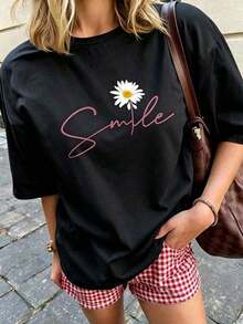 Camiseta de verano de manga corta estampada para mujer, tejido de poliéster, estilo multifuncional, corte regular, peso 180 gramos, 1 unidad. - Negro - Ver 13