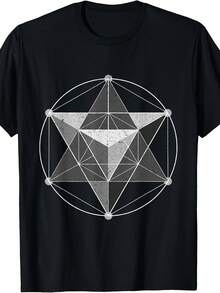 Retro Mystical Sacred Geometry Merkabah And Star Tetrahedron T-Shirt, Machine Washable, Crew Neck With Sacred Symbols For Meditation And Casual Wear . A Short-Sleeved T-Shirt Suitable For Home, Everyday Wear, Parties, And Travel; Perfect As A Gift For Friends Or Family. - 黑色 - 查看 5