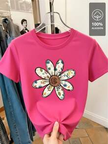 100% Cotton T-Shirt With Multicolor Floral Mandala - 紅玫瑰 - 查看 4