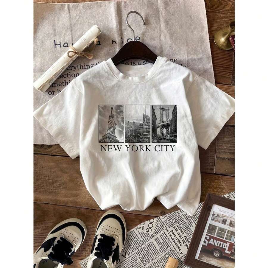 Women's Casual Short Sleeve T-Shirt With New York Skyline Graphic Print - White Crew Neck Sport Blouse For Spring/Summer, Machine Washable Streetwear, Spring Fashion, Design, Easy Care - 白色的 - 查看 1