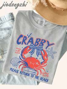 If Crabby Please Come Back To The Beach, Women's Crab Graphic Tees, Summer Tops, Women's Vacation Clothes, Casual Beach Tees, Funny Crab Print Tee, Women's Summer Clothes - 灰色 - 查看 3