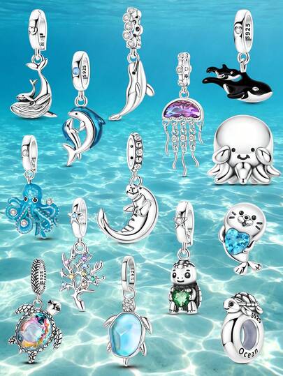 1pc Silver Plated Ocean Animal Charm, Whale Dolphin Octopus Turtle Jellyfish Seal Dangle Pendant, Fits Bracelet Necklace, Marine Life DIY Jewelry Gift For Women