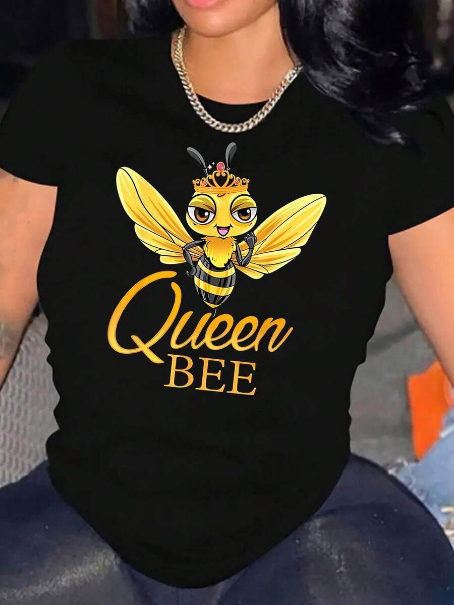 Women's Queen Bee Graphic T-Shirt - Cartoon Crowned Bee Print, Casual Short Sleeve Top, Black And Yellow Summer T-Shirt, Soft And Stretchy Crew Neck, Machine Washable, Bee Clothing, All Season Top, Casual Wear, Medium Elasticity T-Shirt Y2k - 黑色 - 查看 1