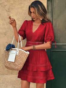 Clasi Vestido mini de manga abullonada con ribete de encaje de unicolor para mujer, para verano - Rojo - Ver 6