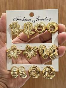 2/12pcs Set Gold Metal Textured Earrings, Niche Floral & Geometric Design, Versatile For Commute, Dating, Daily Matching - Gold - View 7