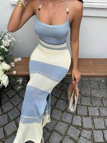 Vestido de punto casual con tiras asimétricas, contraste de color, cuentas y espalda descubierta con lazo en la cintura, adecuado para vacaciones - Multicolor - Ver 5