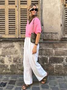 Women's Loose Fit Round Neck Drop Shoulder Short Sleeve Casual Knit Top In Pink Tones, Suitable For Home, Leisure, Vacation, Valentine's Day, Daily Wear, Beach Holiday Summer - Pink - View 7