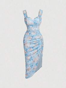 Vestido con estampado floral, plisado y dobladillo asimétrico con abertura, vestidos en tonos pastel para mujer - Azul - Ver 1