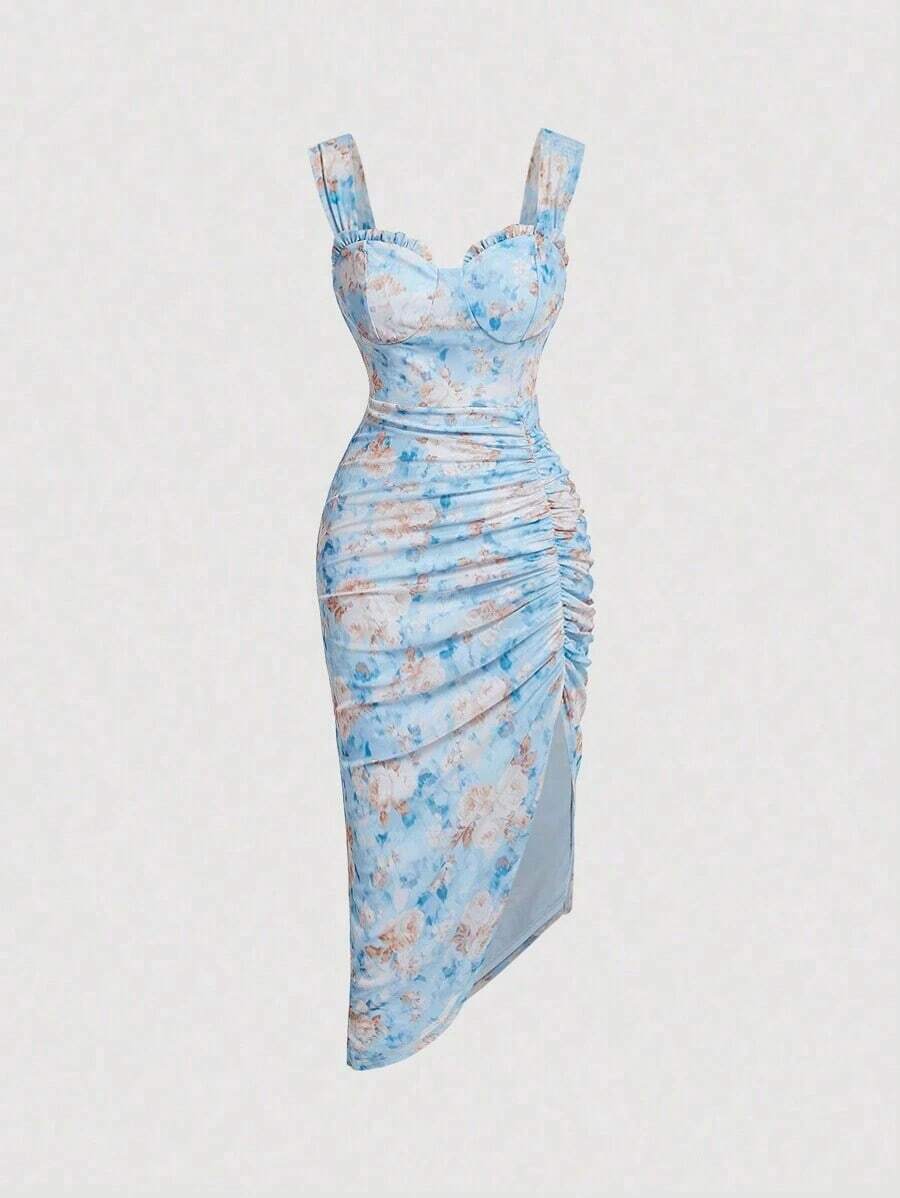 Vestido con estampado floral, plisado y dobladillo asimétrico con abertura, vestidos en tonos pastel para mujer - Azul - Ver 1