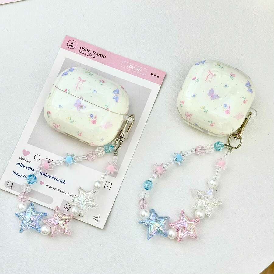 1 chiếc ốp tai nghe hình hoa mùa xuân và bướm kèm mặt dây chuyền, tương thích với tai nghe Bluetooth không dây .