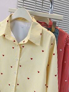 Blusa de mujer con cuello polo, estampado de corazones y rayas - Camisa casual de manga larga con botones, adecuada para uso diario en primavera, verano y otoño - Rayas amarillas - Ver 5