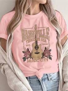 Women's Short-Sleeved Top With A Round Neck In Pure Cotton, Modern Printed Design, Cool And Breathable Fabric, Versatile Garment For Casual Looks, Everyday Occasions And Social Gatherings All Year Round - 淺粉色 - 查看 8