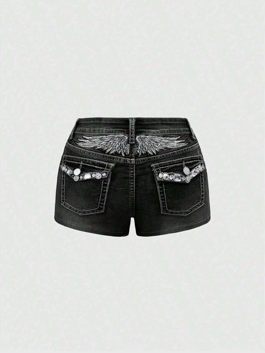Grunge Punk Shorts vaqueros de talle bajo con decoración de alas bordadas con cristales, estilo Y2K - Negro - Ver 1