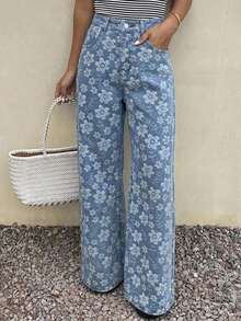 Jeans rectos de ajuste holgado con parches de cuadros y rayas para mujer, uso casual de oficina, otoño/primavera - Lavado ligero - Ver 3