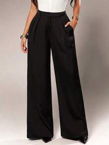 Pantalones anchos de pierna ancha de color café oscuro de moda minimalista para mujeres, pantalones de tela marrón de pierna ancha para el trabajo, pantalones de tiro alto de pierna ancha marrón para mujeres, pantalones de traje marrón para otoño/ - Negro 2 - Ver 1