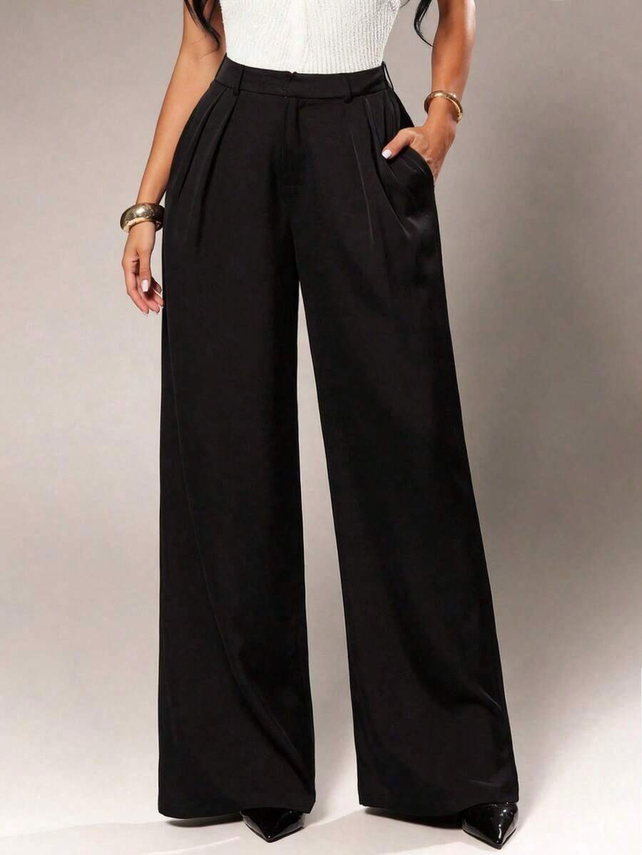 Pantalones anchos de pierna ancha de color café oscuro de moda minimalista para mujeres, pantalones de tela marrón de pierna ancha para el trabajo, pantalones de tiro alto de pierna ancha marrón para mujeres, pantalones de traje marrón para otoño/ - Negro 2 - Ver 1