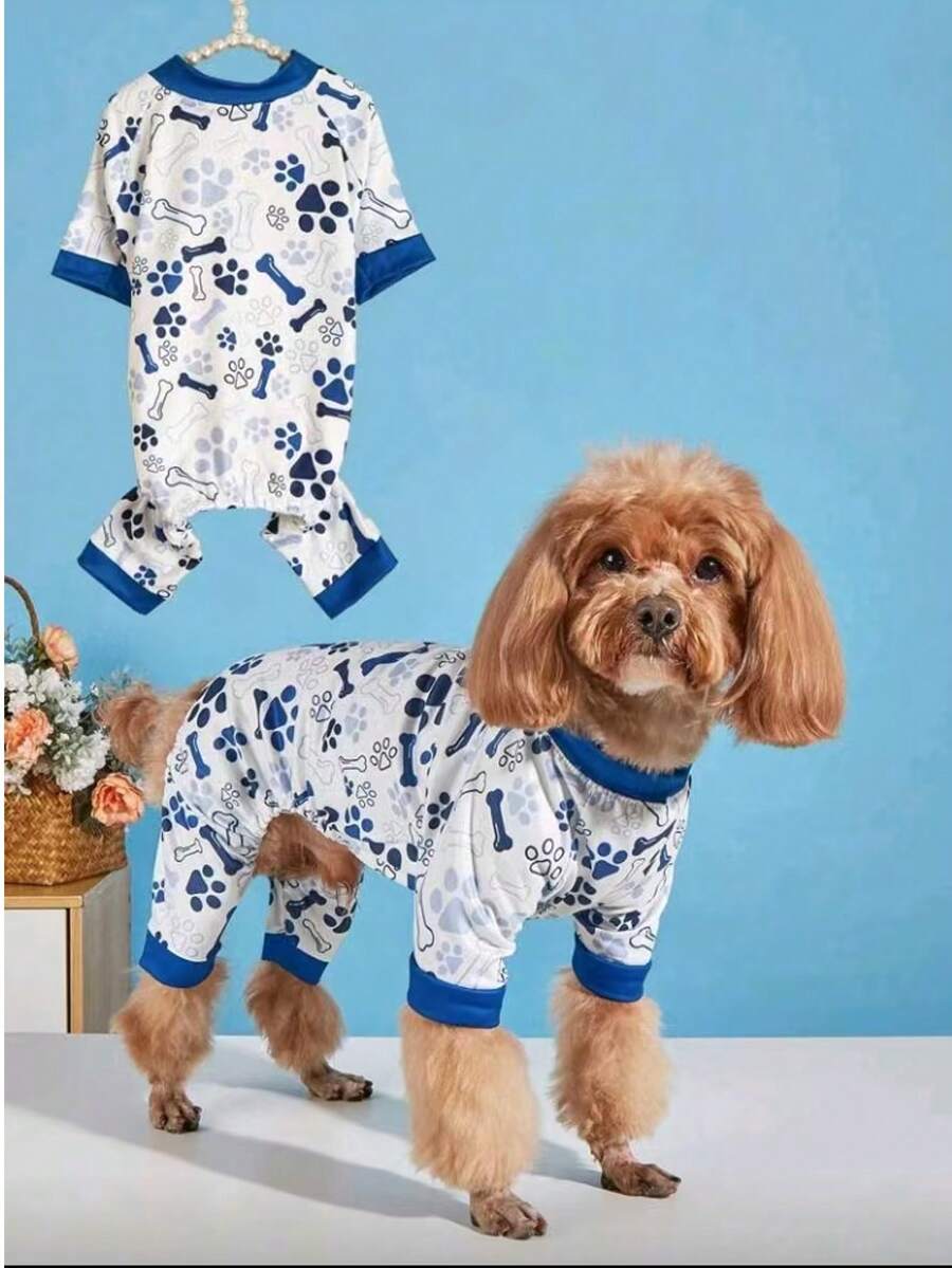 1 bộ quần áo thú cưng mùa xuân/hè mới, bộ đồ 4 chân in họa tiết dành cho chó và mèo nhỏ. - Xanh và trắng - Xem 1