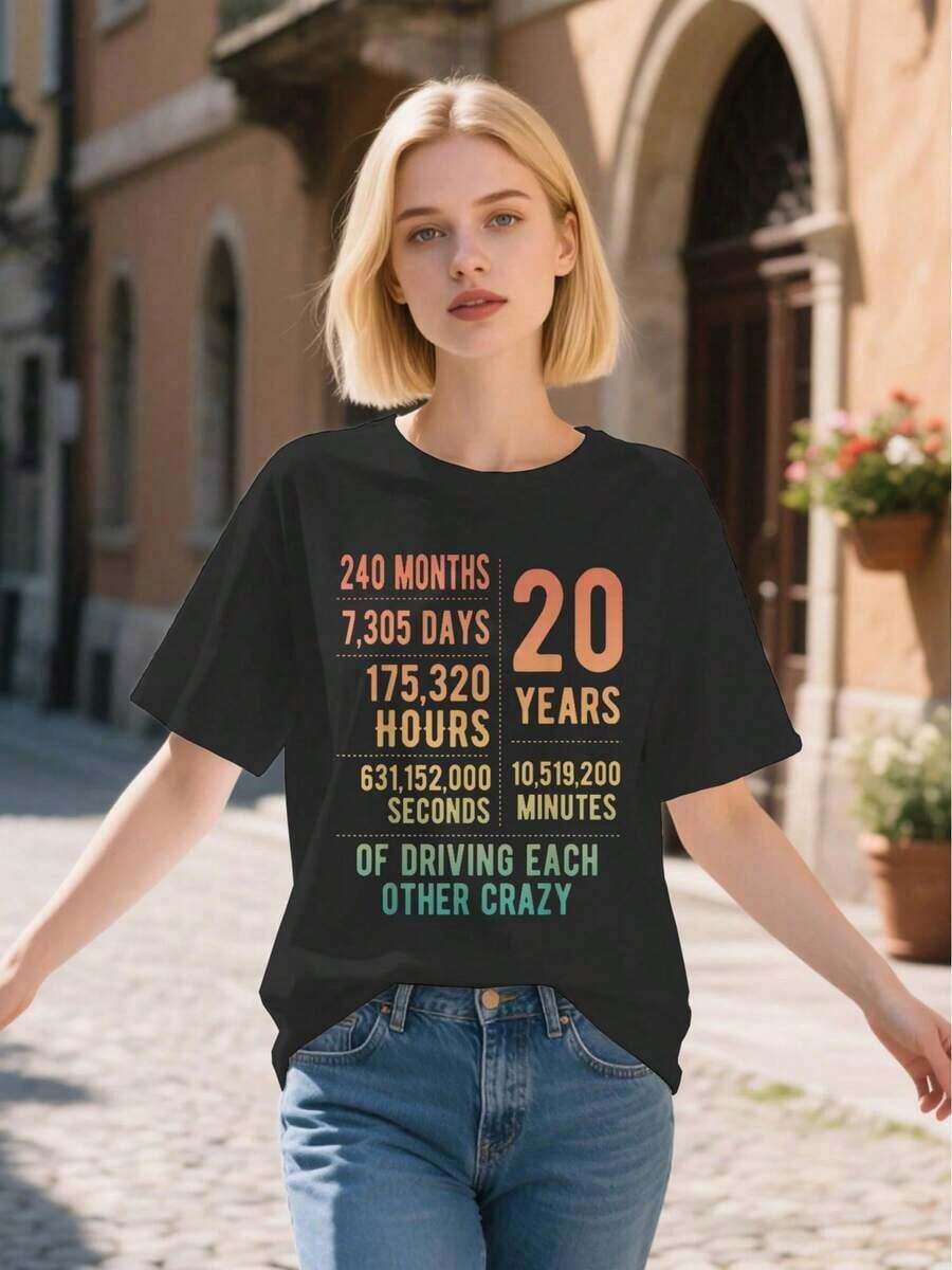 Funny T-Shirt For 20 Years Of Marriage, Graphic Print T-Shirt For 20th Wedding Anniversary, Women's Top - 黑色 - 查看 1