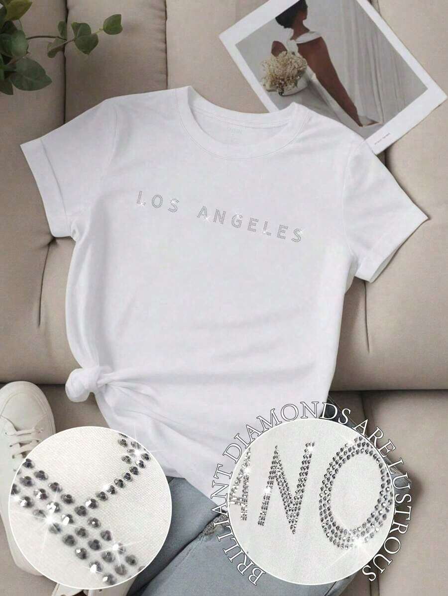 Envío gratis, entrega local enéxico, entrega en 4 días.Camiseta de manga corta para mujer Unity con estampado de letras con el eslogan LOS ANGELES, blusas gráficas para mujer. - Blanco 3 - Ver 1