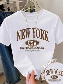 Playera de dama blanca con estampado basicoNew York Estilo Casual y Divertido comoda liguera transpirable ideal vacaciones diario casa tener una cita - Blanco - Ver 1