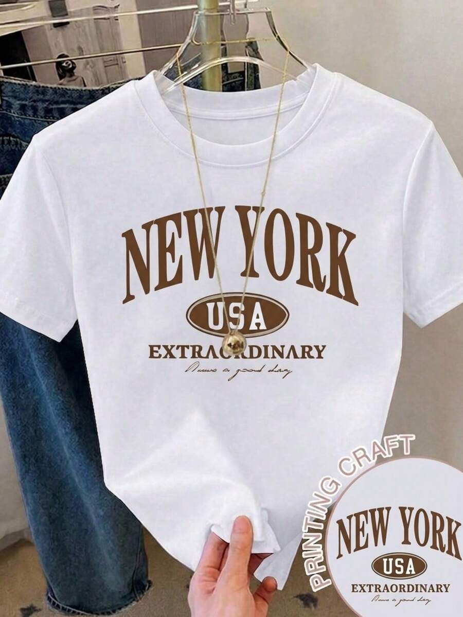 Playera de dama blanca con estampado basicoNew York Estilo Casual y Divertido comoda liguera transpirable ideal vacaciones diario casa tener una cita - Blanco - Ver 1