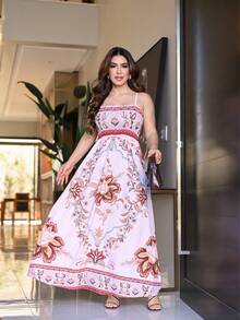 Women's Long Beach Dress With Tie Straps, Summer Casual Style, Floral And Coconut Tree Print, Bohemian Tropical Style, Thin Straps And Drawstring. - Màu tím hoa cà - Xem 1