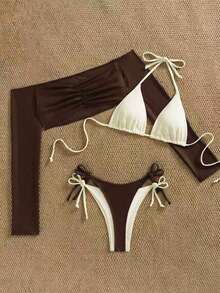 Conjunto de 3 piezas de traje de baño negro y blanco para mujer, conjunto de traje de baño casual y sexy de 3 piezas para resort de playa, conjunto de traje de baño de 3 piezas para mujer, Bottom de traje de baño para mujer, conjunto de playa negro y blanco para mujer - Marrón - Ver 4