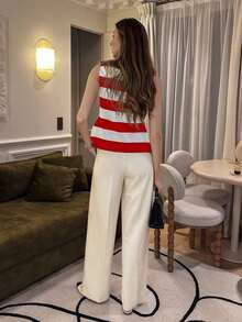 Ajuste casual de vacaciones, conjunto de primavera de ajuste delgado, blusa de verano, blusa elegante blanca para mujer, conjunto de oficina para mujer, cárdigan sin mangas con cuello redondo y ribete blanco y negro, blusa de punto para mujer.Blusas de chaleco para mujer, ropa de trabajo para mujer de oficina - Rojo y blanco - Ver 2