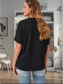 Women's Vintage Urban Style T-Shirt With UniPIRATE CREW Letter Print, Short Sleeve, Round Neck, Casual Top For Summer And Spring, Women's Clothing 100% Breathable Cotton - 黑色 - 查看 3