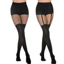MANZI Faux Thigh High Tights Mock Suspender Pantyhose Striped Goth Fishnets Pack Of 2 - Black - View 13
