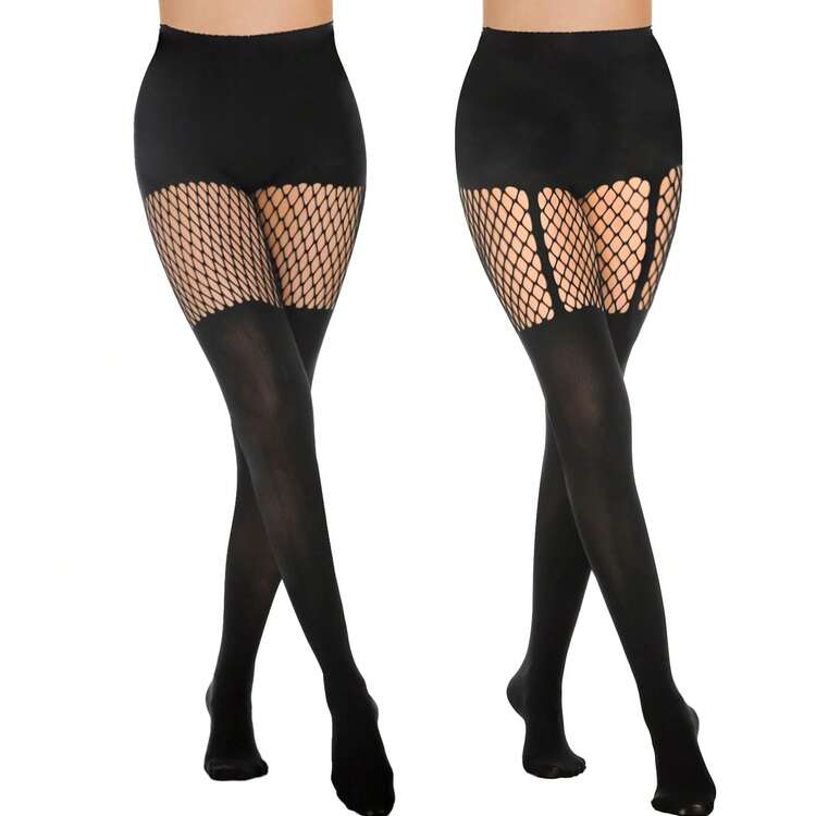 MANZI Quần tất giả đùi cao đến đùi, quần tất lưới kẻ sọc phong cách Gothic, bộ 2 chiếc - màu đen - Xem 13