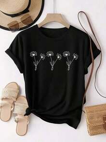 1 Piece, Three Pack Women's Short Sleeve Crew Neck T-Shirts, Vintage Casual Sporty Style, With Heart And Flower Print, 180g, 100% Cotton, Designs Are Printed. Unisex. - 黑3 - 查看 2