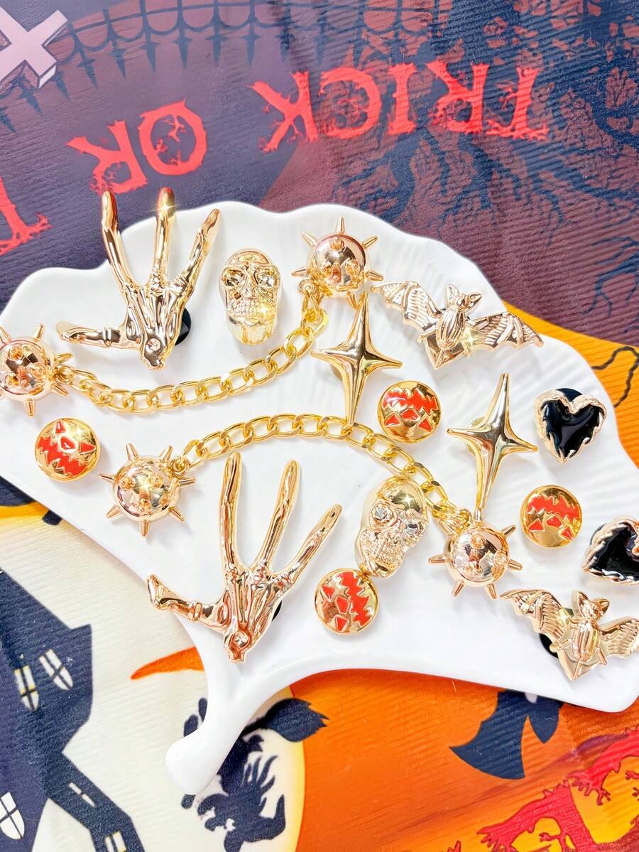 16 phụ kiện trang trí giày Halloween bằng nhựa, hình đầu lâu, dơi, móng vuốt, gấu, đàn guitar, có thể tháo rời, tự làm đồ trang trí giày đa chức năng, phù hợp với giày nữ, dép lê, sandal, túi xách, quà tặng sinh nhật, tiệc tùng và sử dụng hàng ngày. - Vàng 16 cái - Xem 1