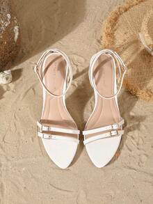 On feet& in love Giày sandal cao gót mũi nhọn hở mũi, một khóa cài, thời trang, thanh lịch dành cho nữ, chất liệu da bóng, thích hợp để phối cùng váy đầm vào mùa hè. - trắng - Xem 6