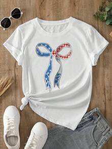 Camiseta blanca ajustada para mujer con estampado de lazo patriótico mixto, estilo casual chic Playera ajustada blanca con diseño de lazo mixto - YH360 - Blanco - Ver 2