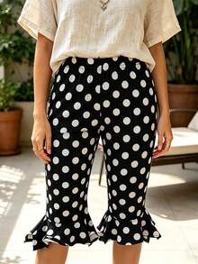 Womens Summer Knee Length Leggings Slim Fit Stylish Dot Print Ruffled Trim Mid Rise Capri Pants - Negro - Ver 5