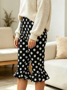 Womens Summer Knee Length Leggings Slim Fit Stylish Dot Print Ruffled Trim Mid Rise Capri Pants - Negro - Ver 7