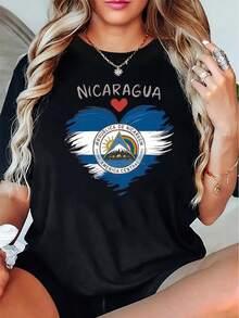 OversizeCamiseta casual de manga corta para mujer, de corte ajustado, con estampado de la bandera y el lema de , cuello redondo con elasticidad media, lavable a máquina, cómoda para todas las estaciones, linda y con un toque de orgullo nacional. - Negro - Ver 6