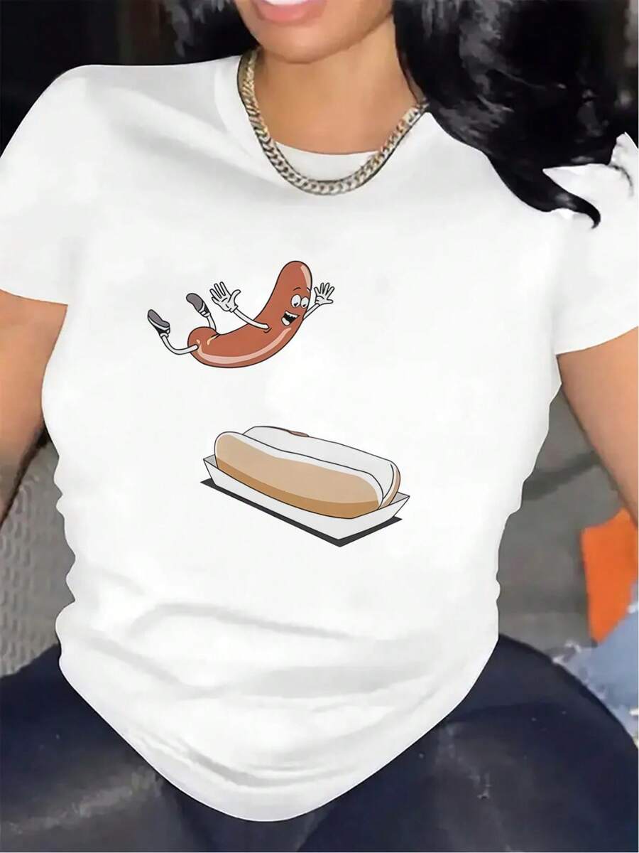 OversizeCamiseta de poliéster de manga corta con un divertido estampado de hot dog, adecuada para usar en restaurantes o en casa, de colores vivos, duradera y ligera, ideal para uso casual y actividades diarias. - Blanco - Ver 1