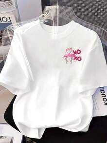 Camiseta con Estampado de Pareja de Flamencos, XO Love| Camiseta de manga corta, cuello redondo, informal para mujer, primavera/verano, versátil y cómoda, estilo Y2k. - Blanco - Ver 3